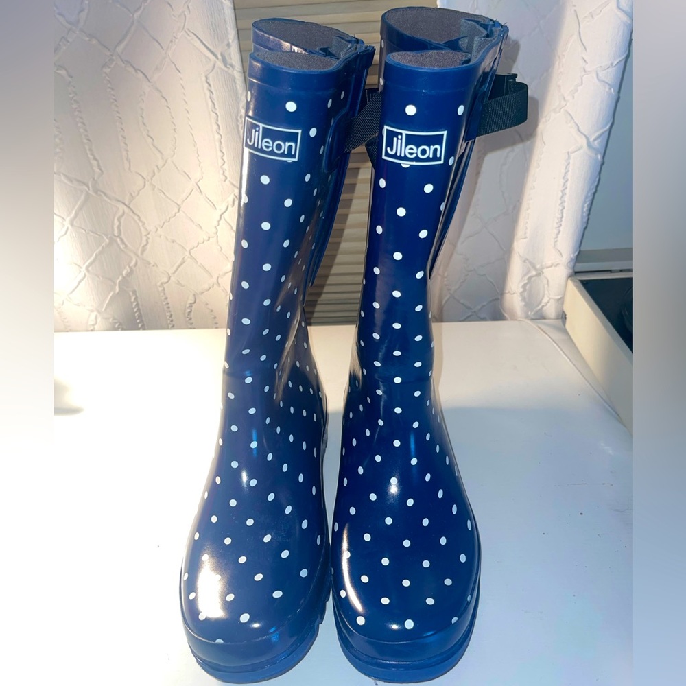 Jileon Rainboots, Extra Wide Calf, Size 11, Blue Polkadots